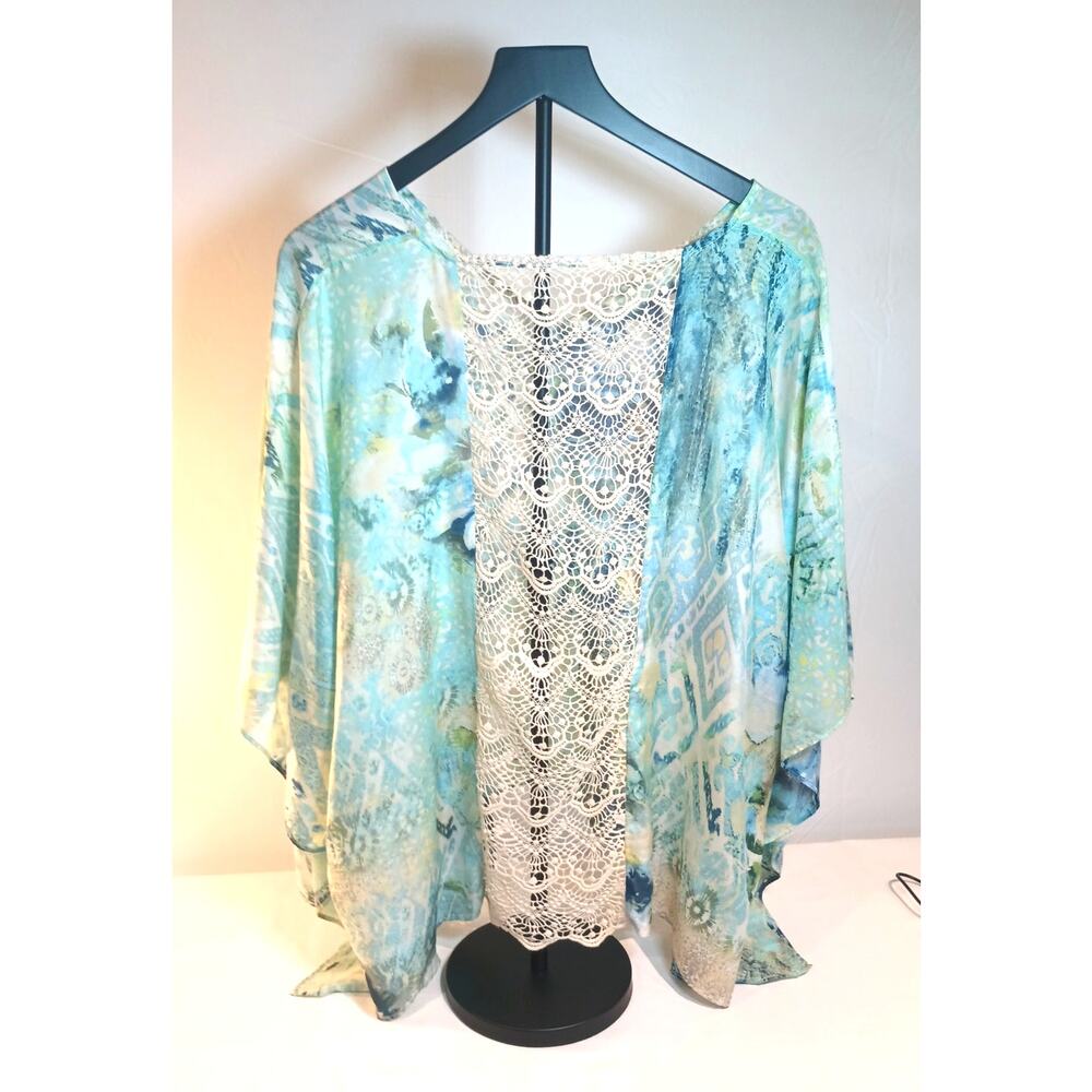 CHICO'S Wms Aqua Blue Multicolor Silk Blend Crochet Back Poncho Shirt M/L